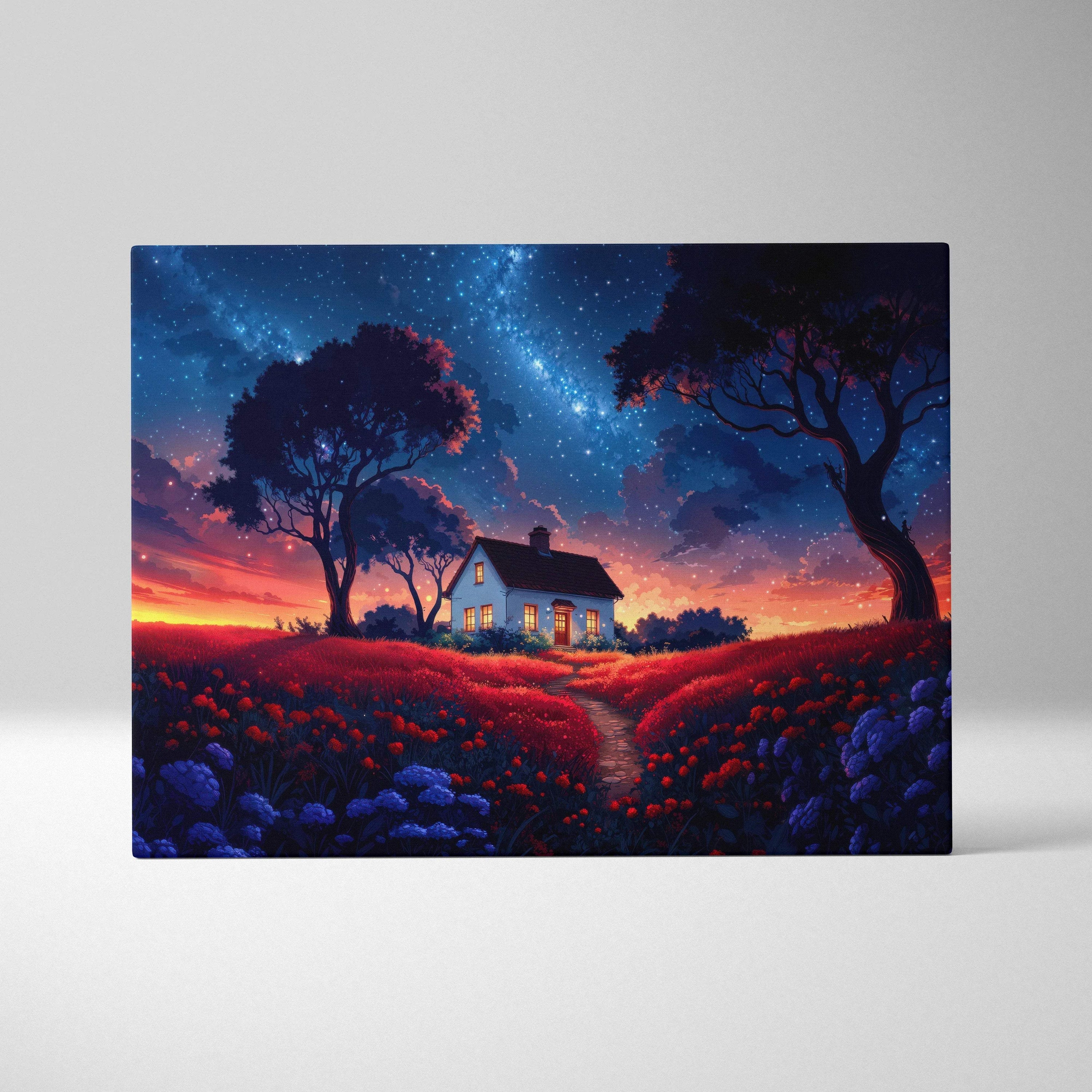 Dreamy fantasy cottage in glowing meadow under starry twilight sky canvas art