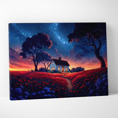 Dreamy fantasy cottage in glowing meadow under starry twilight sky canvas art