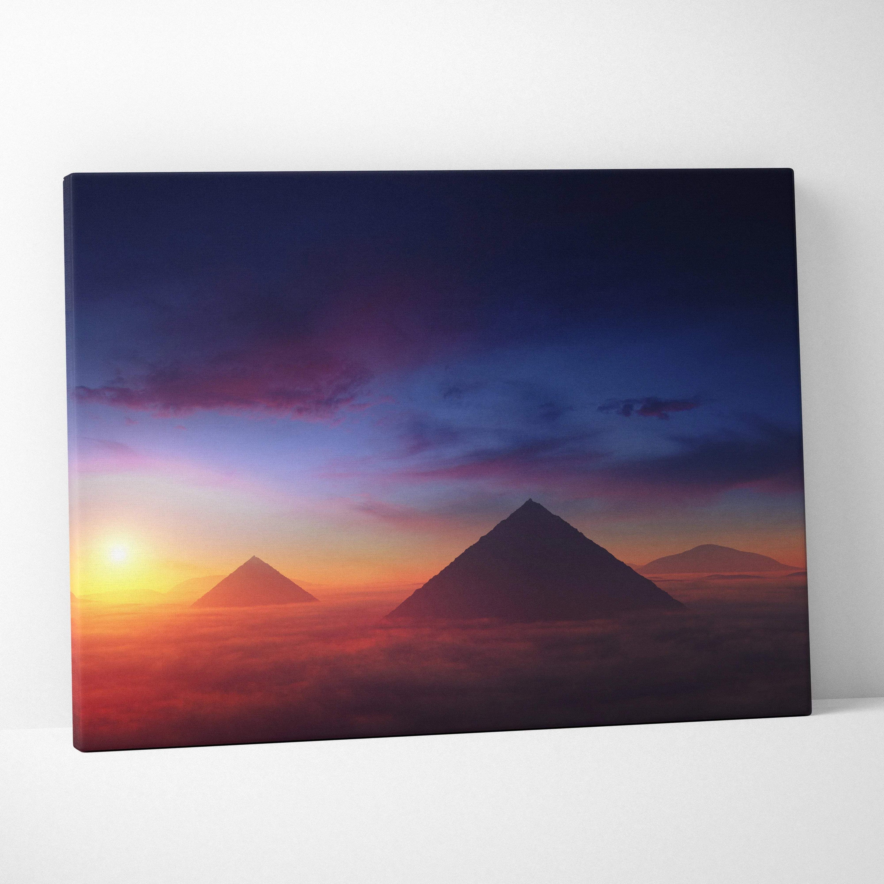 Cinematic Giza pyramids at sunset canvas print in warm golds and deep blues
