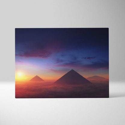 Cinematic pyramids sunrise canvas print in deep blues and warm golds