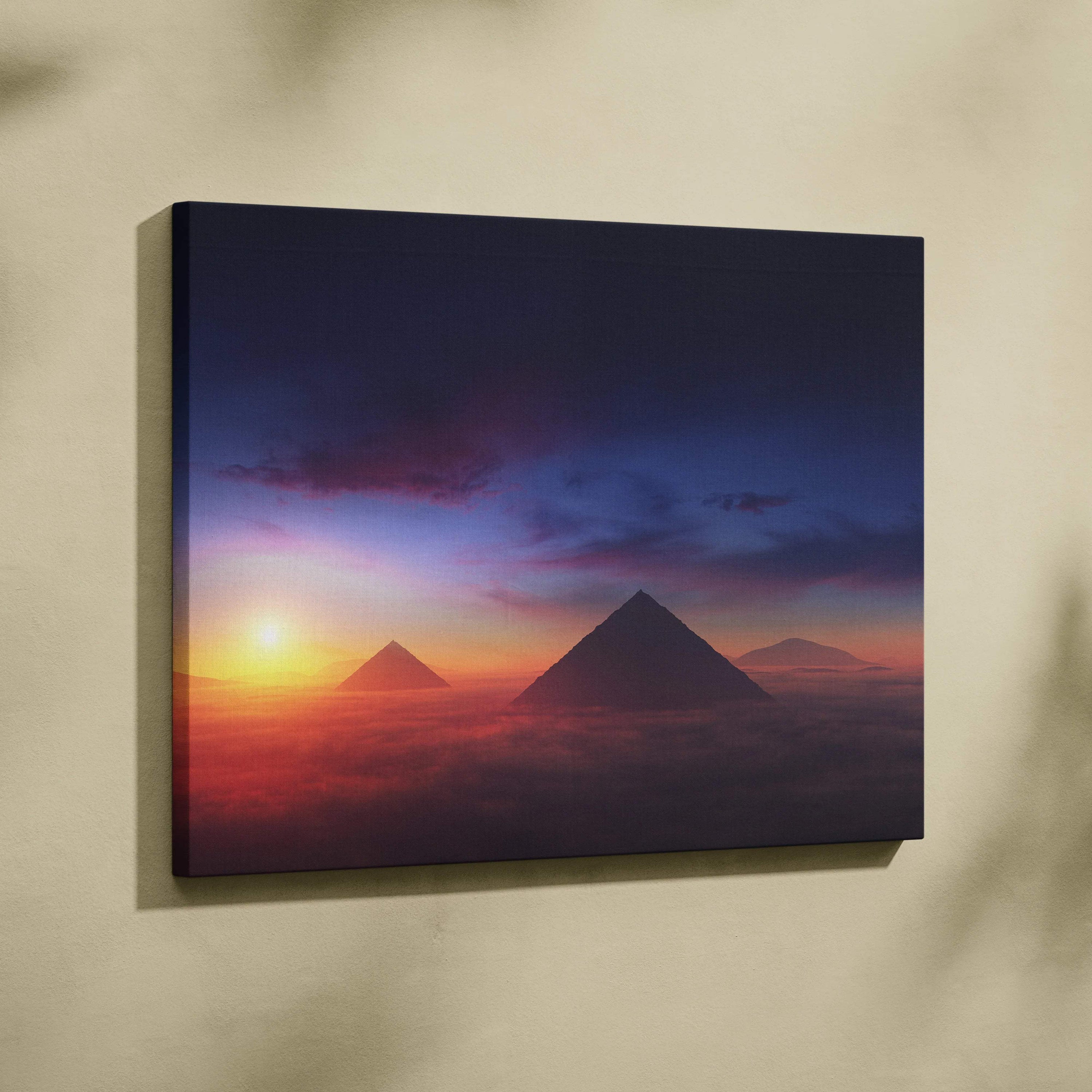 Pyramids of Giza canvas print at sunset in orange purple hues