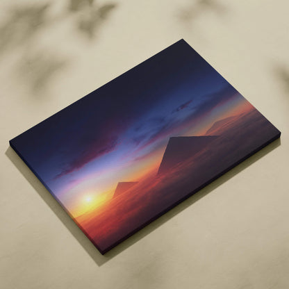 Cinematic pyramids sunrise canvas print in deep blues, golds, crimson haze