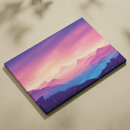 Dreamy pastel sunrise canvas art with layered mountains in misty valley