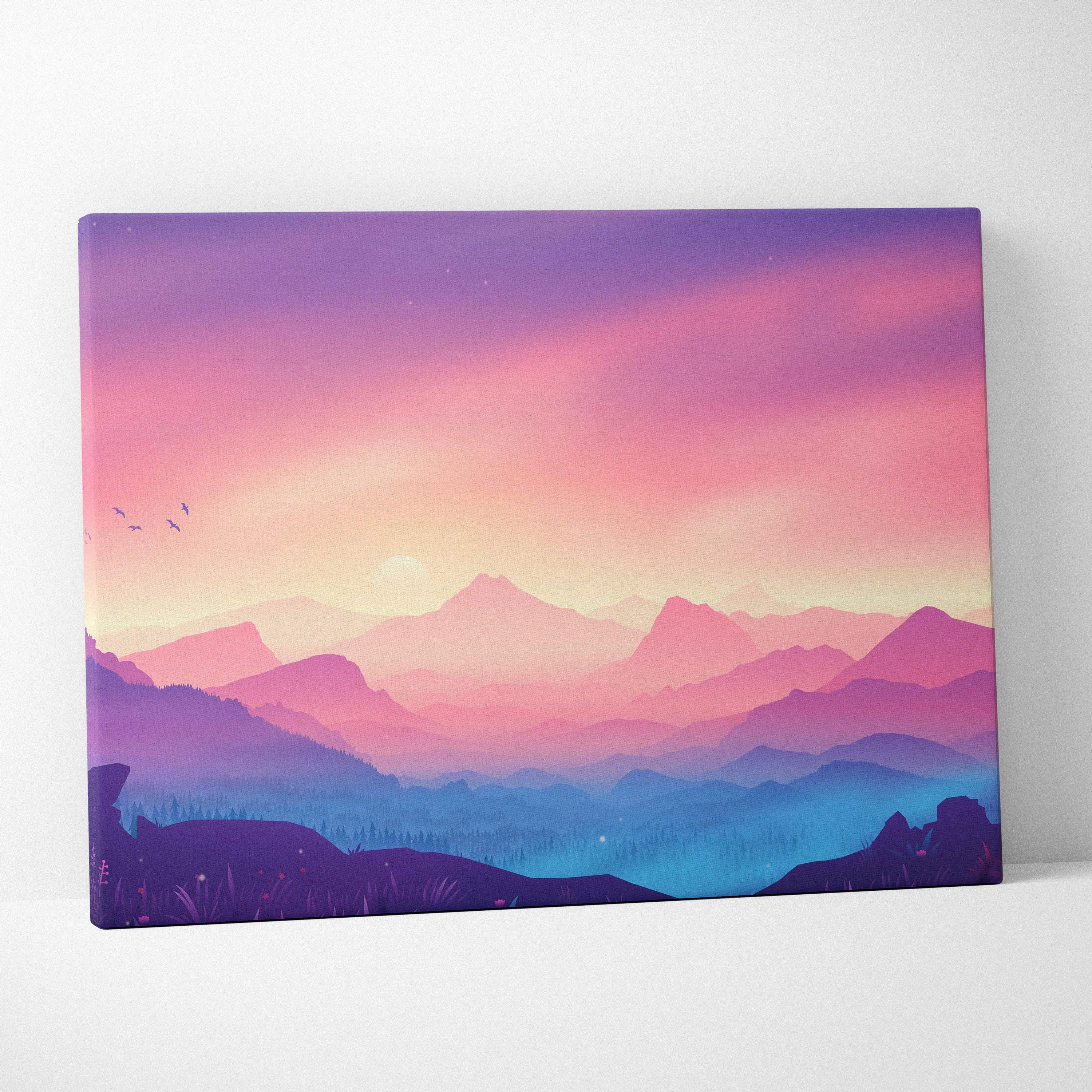 Dreamy pastel sunrise canvas print with layered pink purple mountains