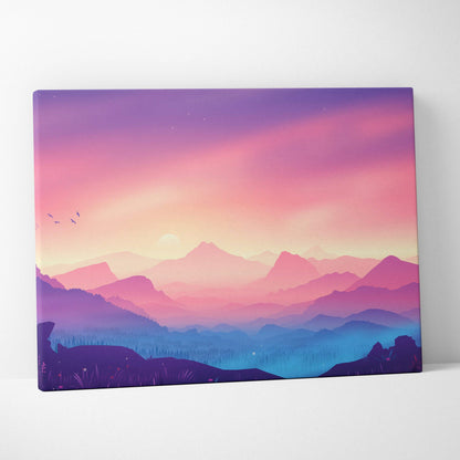 Dreamy pastel sunrise canvas print with layered pink purple mountains
