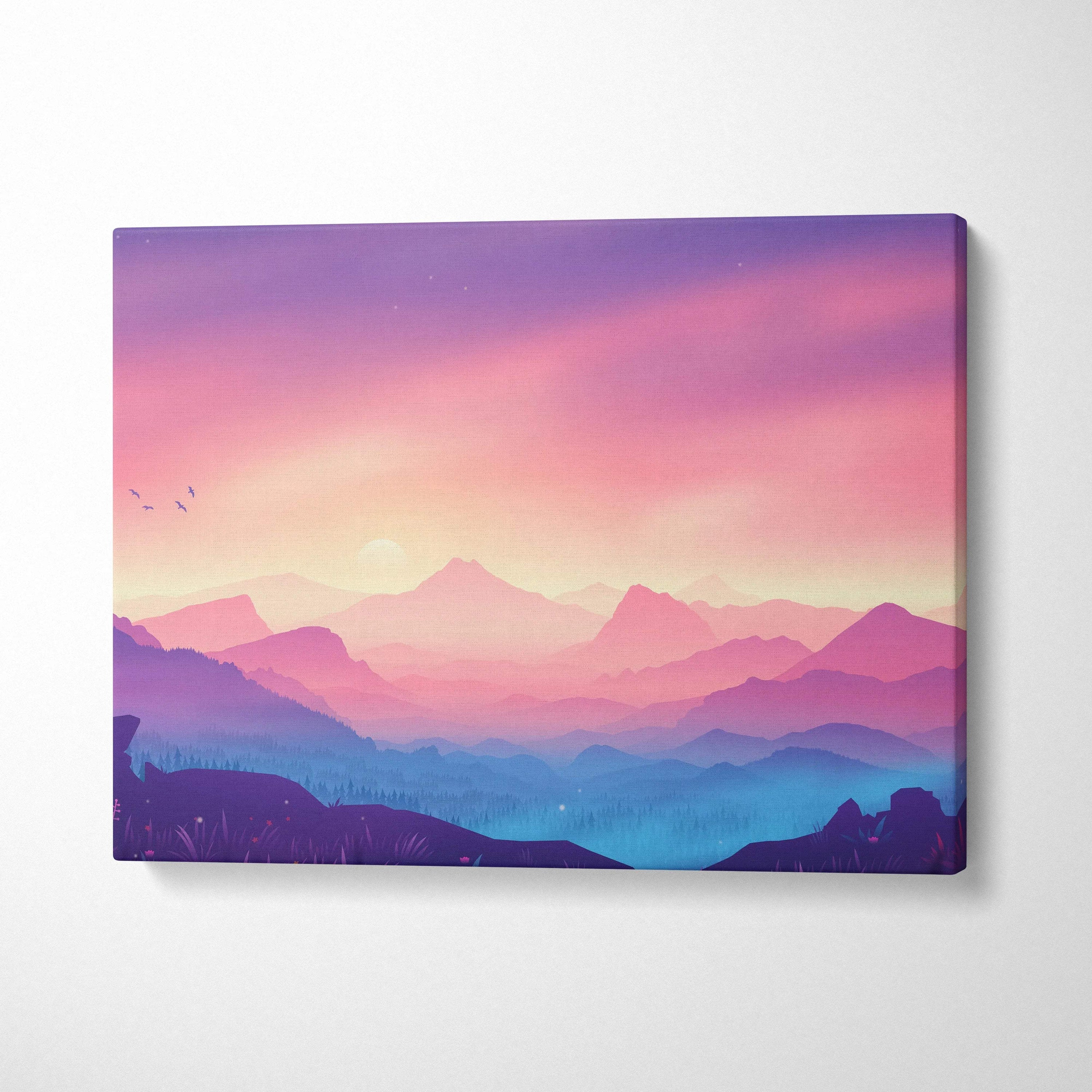 Dreamy pastel sunrise canvas print with layered pink purple mountains