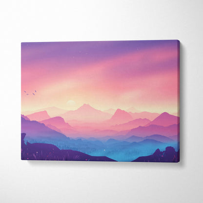 Dreamy pastel sunrise canvas print with layered pink purple mountains