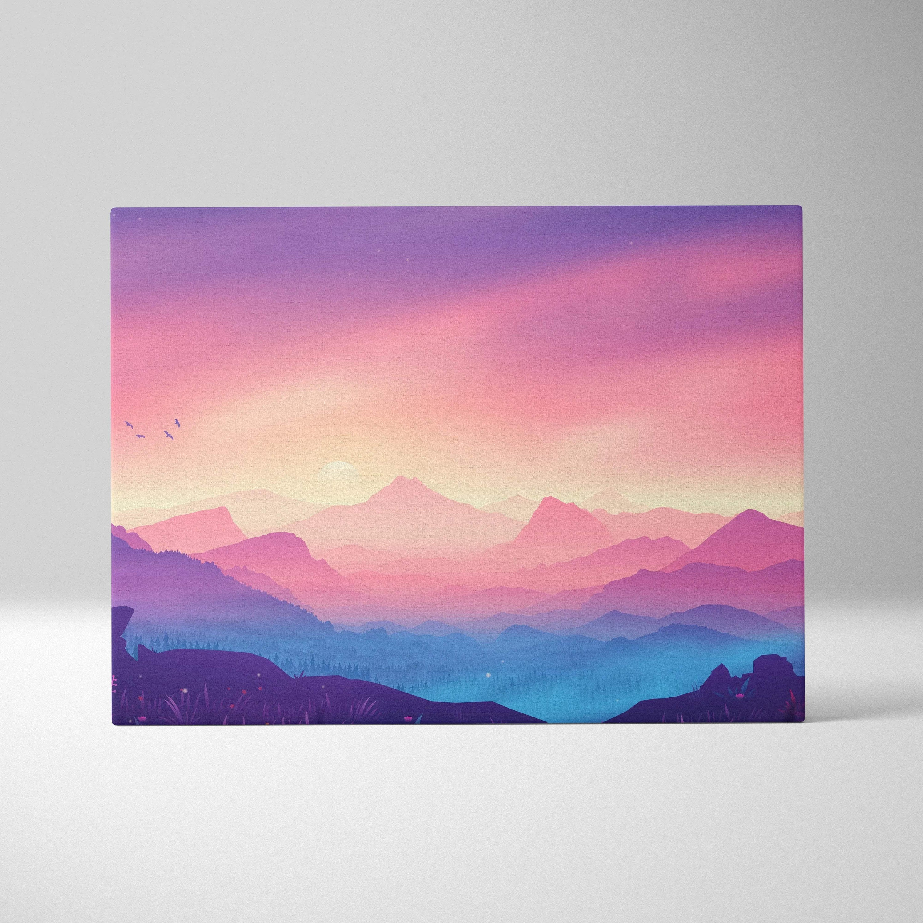Dreamy pastel sunrise canvas print with layered pink purple mountains