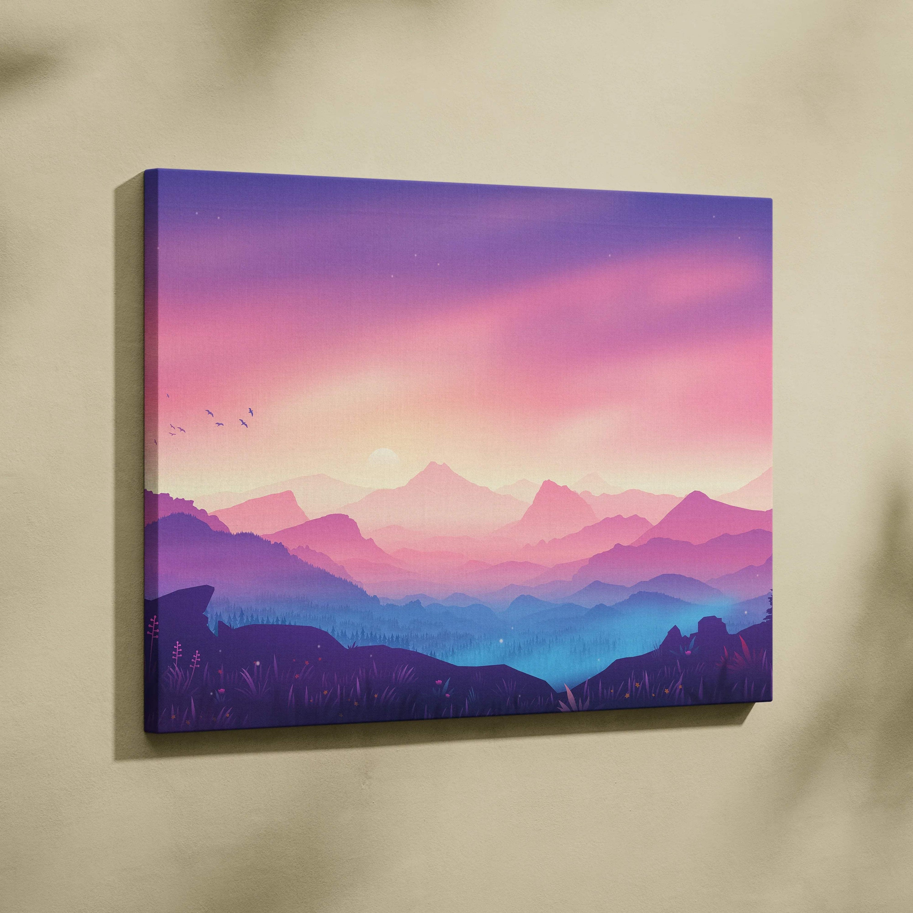 Dreamy pastel sunrise canvas art with layered mountains in misty valley