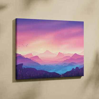 Dreamy pastel sunrise canvas art with layered mountains in misty valley