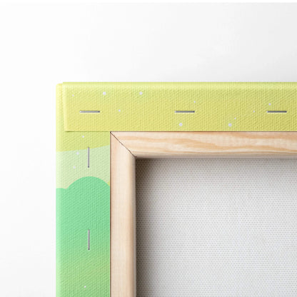 Light green textured canvas with wood frame and moonlit mountain art