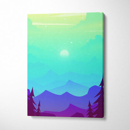 Vibrant pastel canvas print of teal-violet mountains, silhouetted pines, moonlit sky