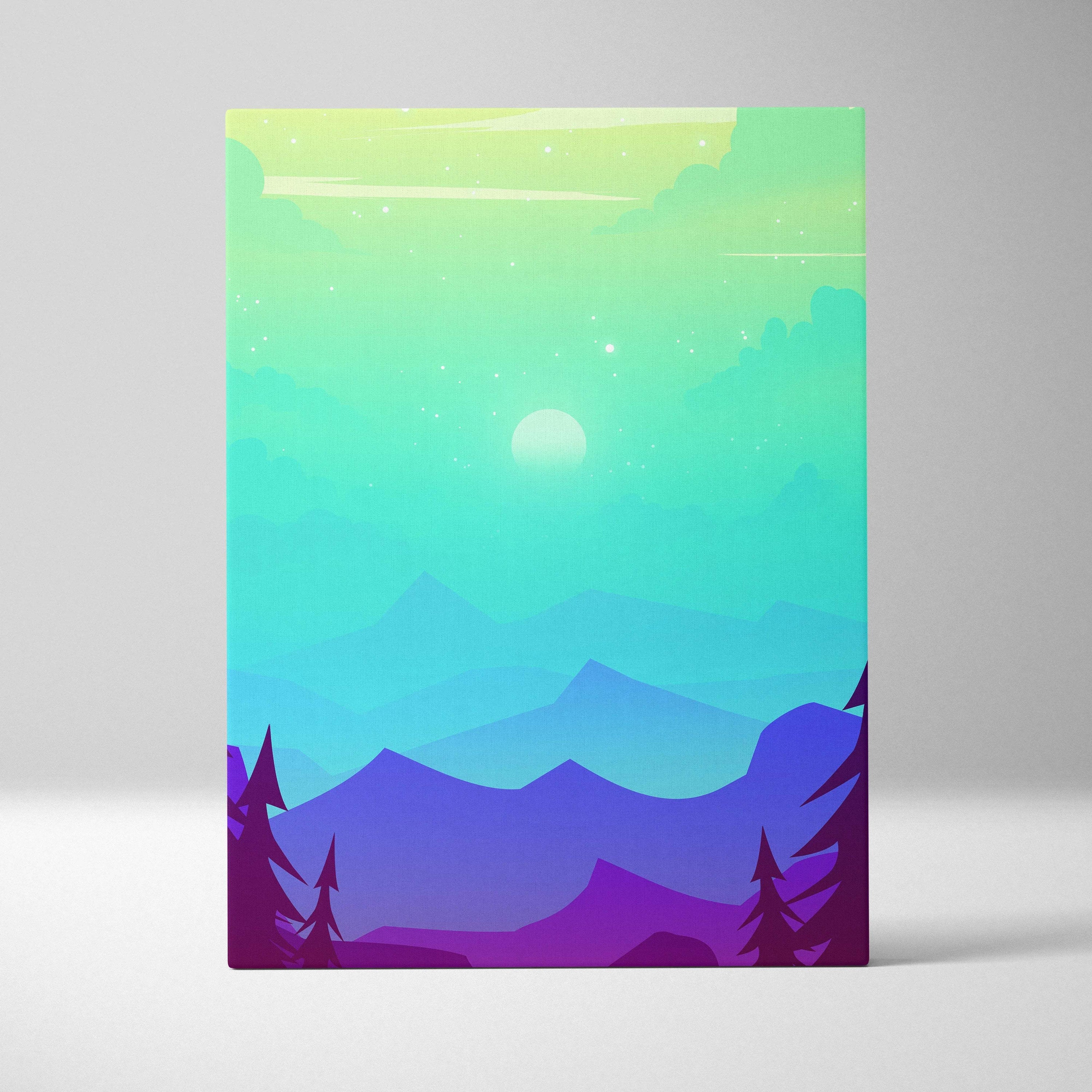 Pastel flat design canvas wall art with teal to violet mountains, moonlit sky and silhouetted pines