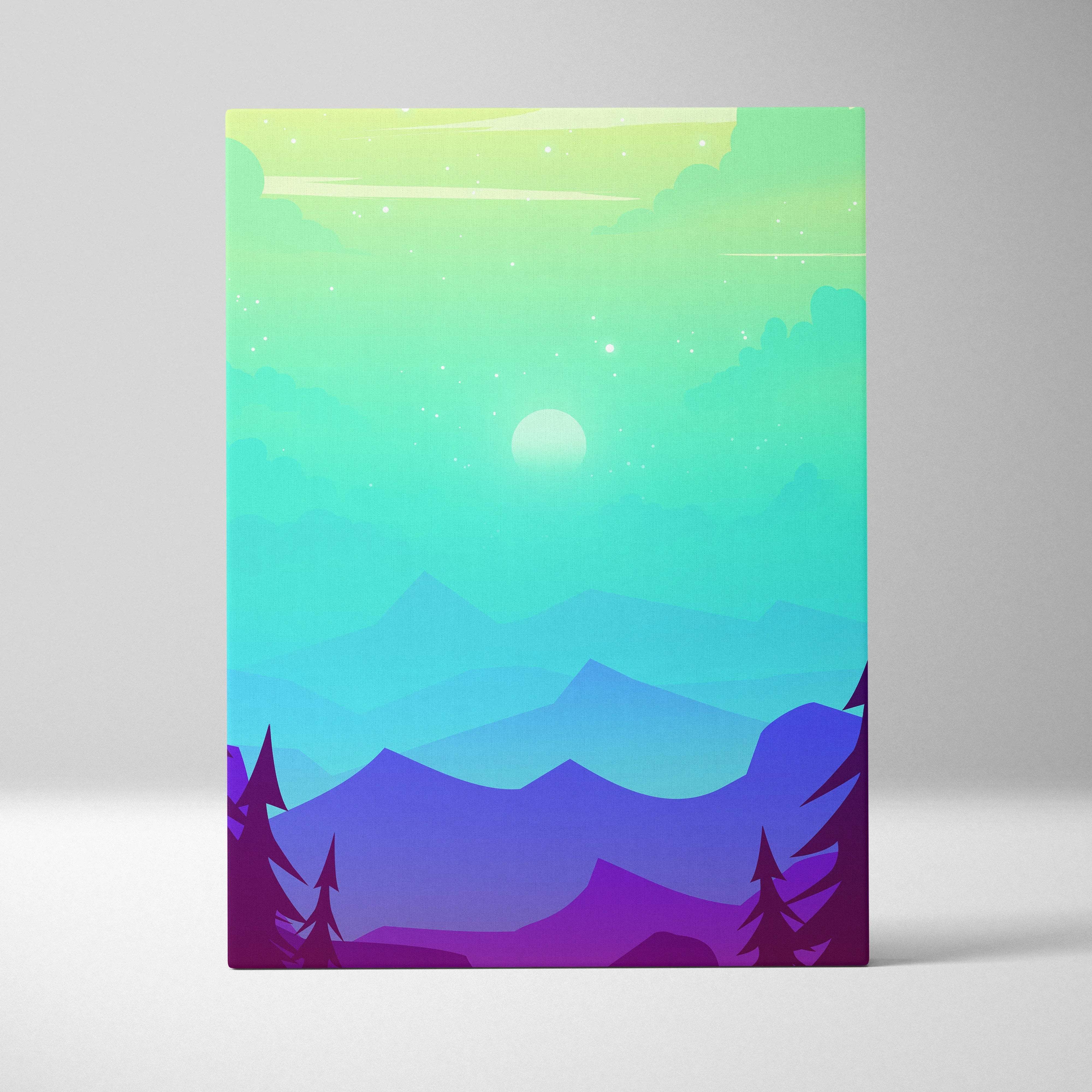 Pastel flat design canvas wall art with teal to violet mountains, moonlit sky and silhouetted pines
