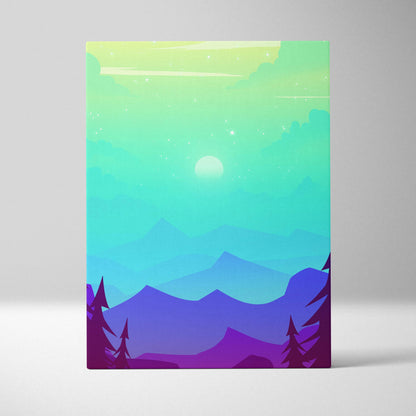 Pastel flat design canvas wall art with teal to violet mountains, moonlit sky and silhouetted pines
