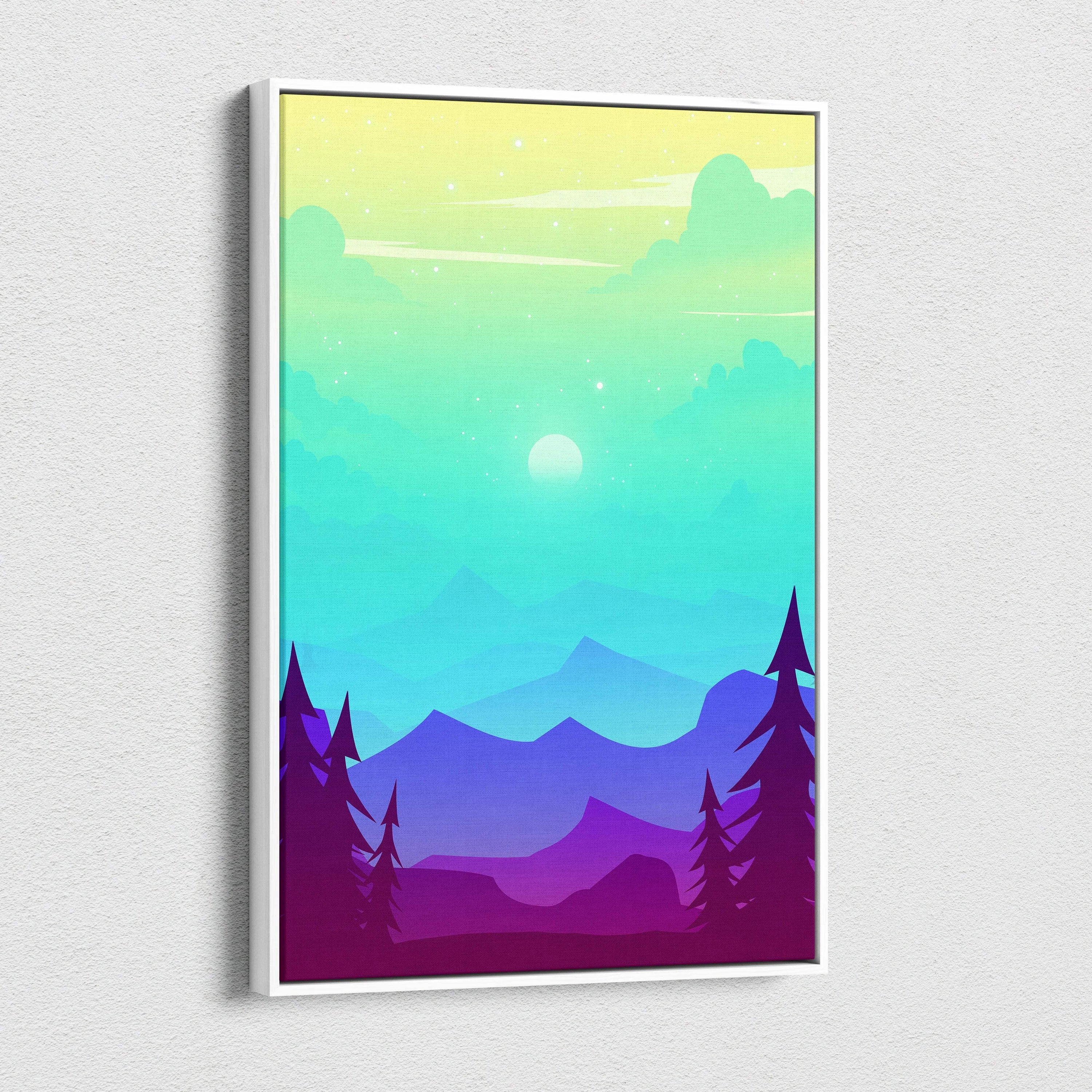 Framed pastel flat design landscape art with teal to violet mountains and pines