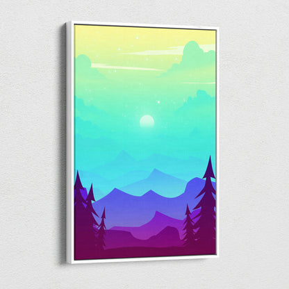Framed pastel flat design landscape art with teal to violet mountains and pines