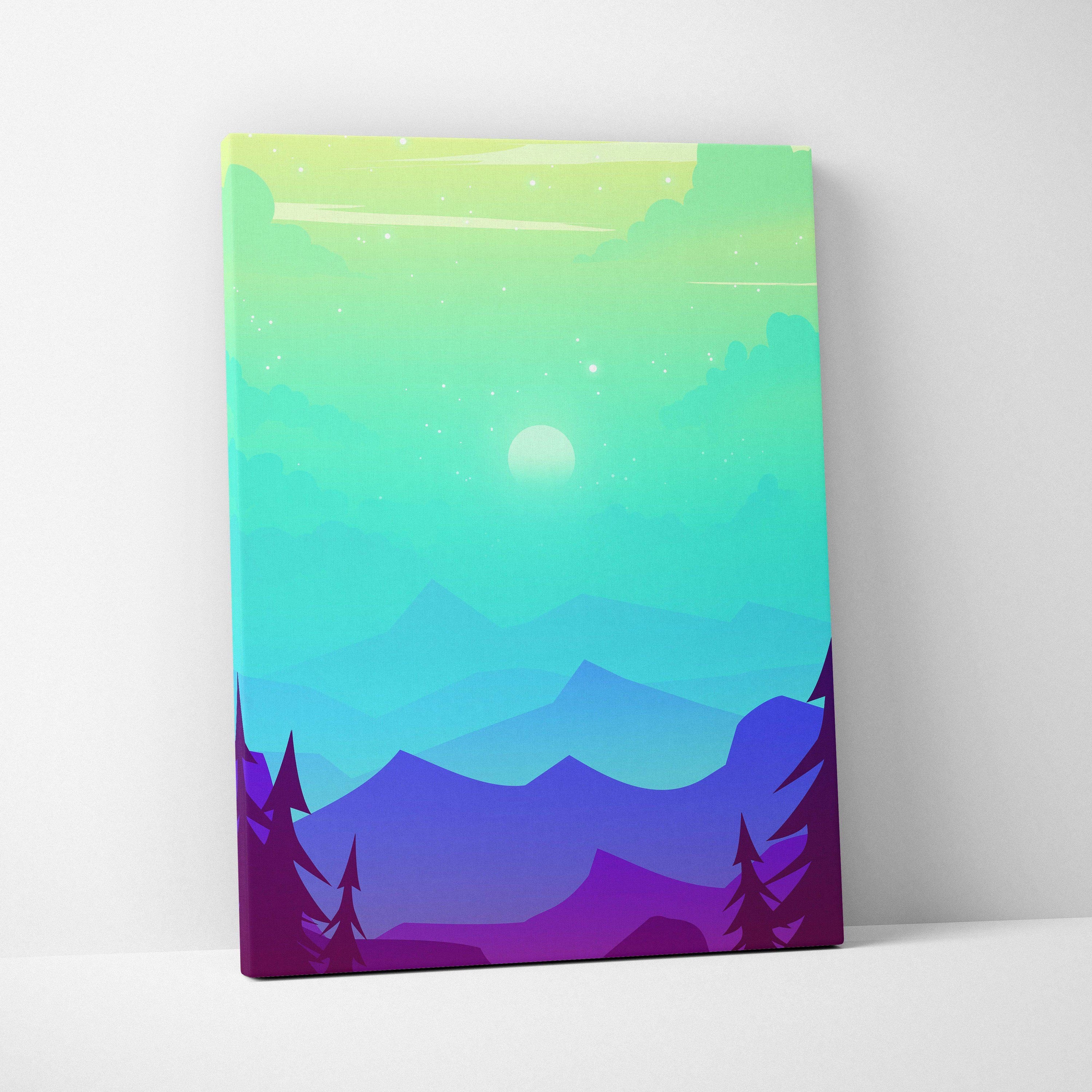 Pastel flat design canvas print with layered teal to violet mountains, moonlit sky and silhouetted pines