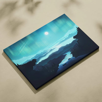 Stylized moonlit valley with turquoise aurora over silhouetted mountains canvas art