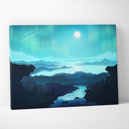 Stylized moonlit valley with teal cyan aurora over mountains canvas art