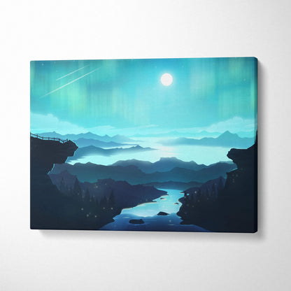 Stylized moonlit valley with teal cyan aurora over mountains canvas print