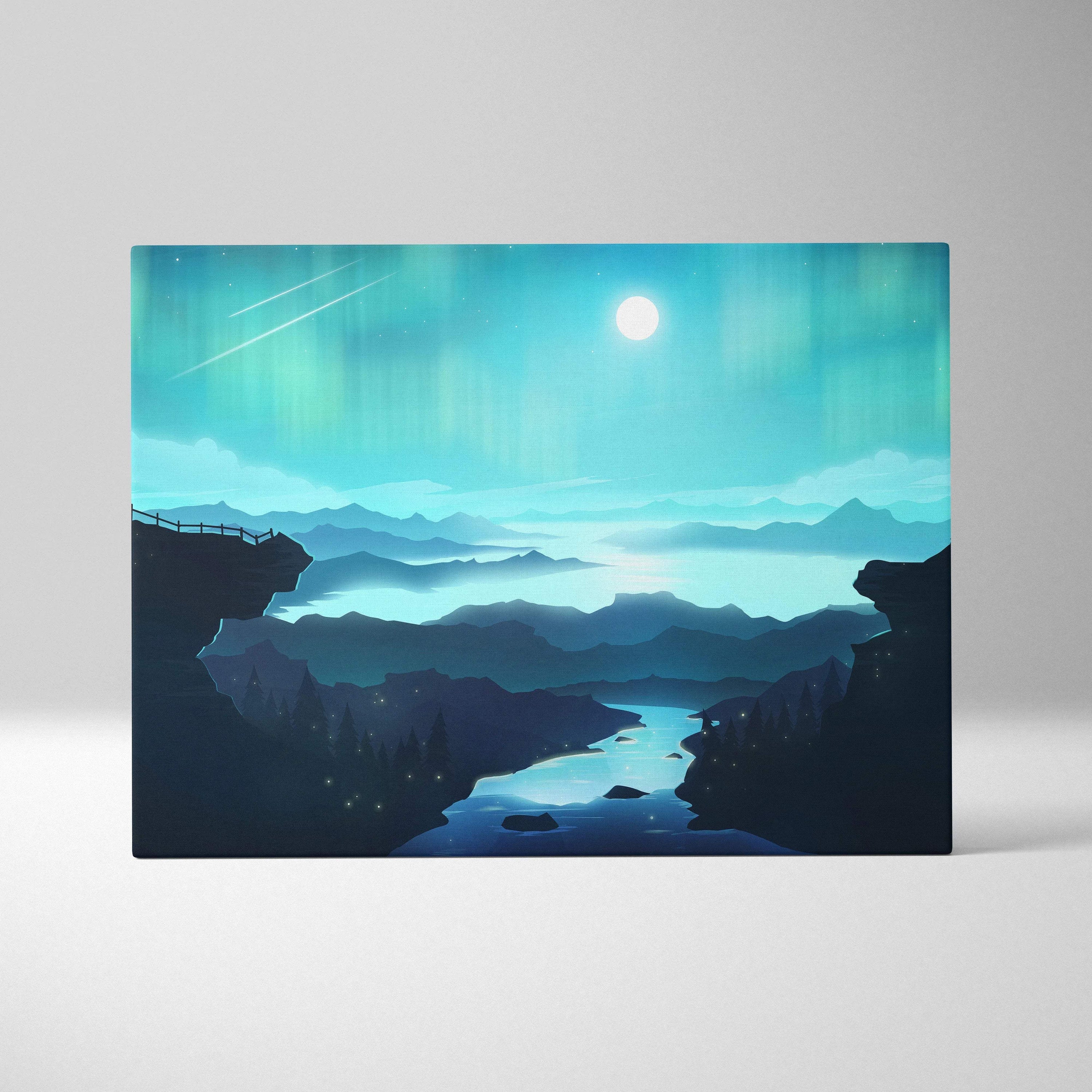 Stylized moonlit valley with teal aurora over layered mountains canvas art