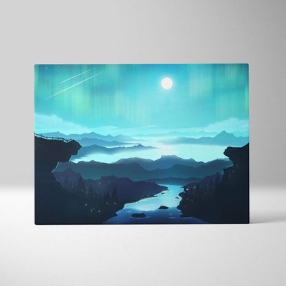 Stylized moonlit valley with teal aurora over layered mountains canvas art