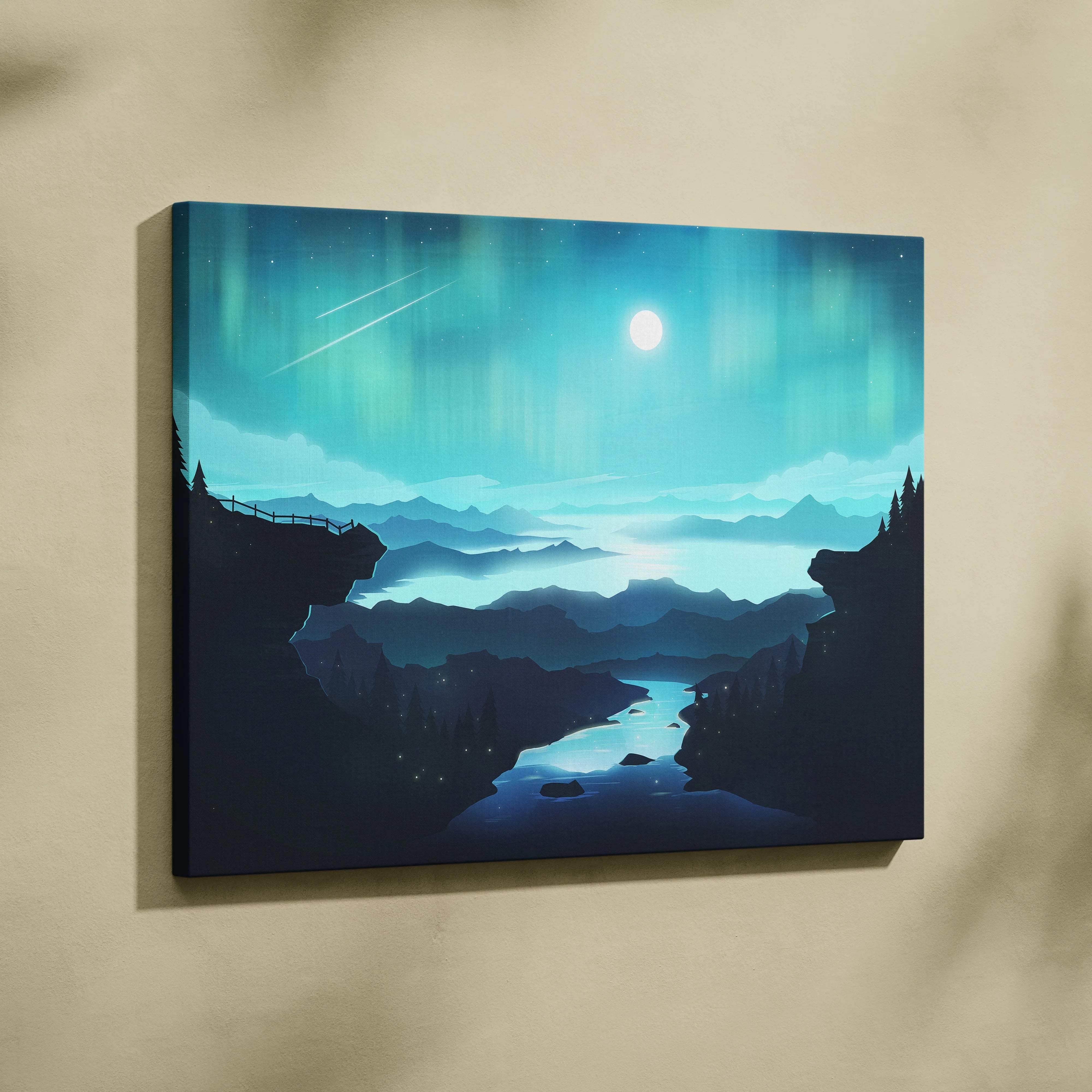 Stylized moonlit valley with aurora over layered mountains canvas art