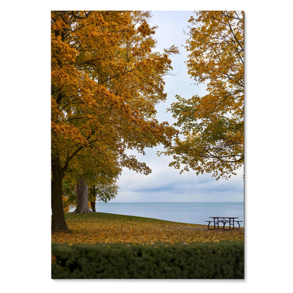 Vertical autumn nature poster with golden leaves by lakeside, vibrant fall wall art.
