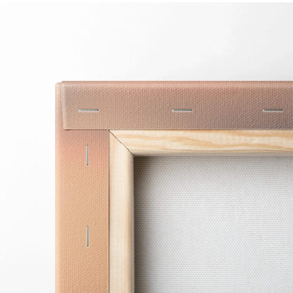 Close-up of stretched canvas corner with wooden frame and staples for wall art print.