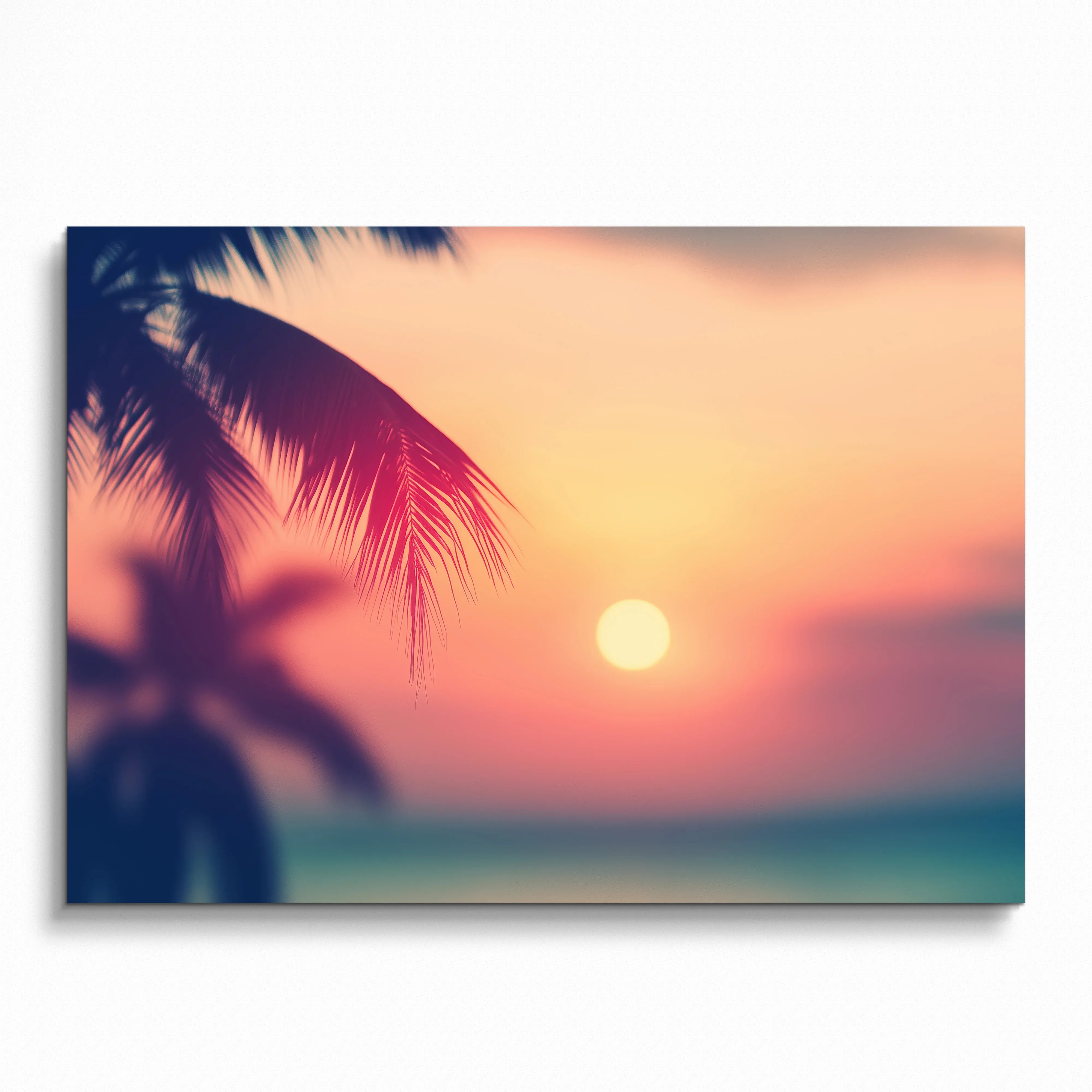 Serene beach digital art poster with sunset and palm leaves, colorful wall art print.