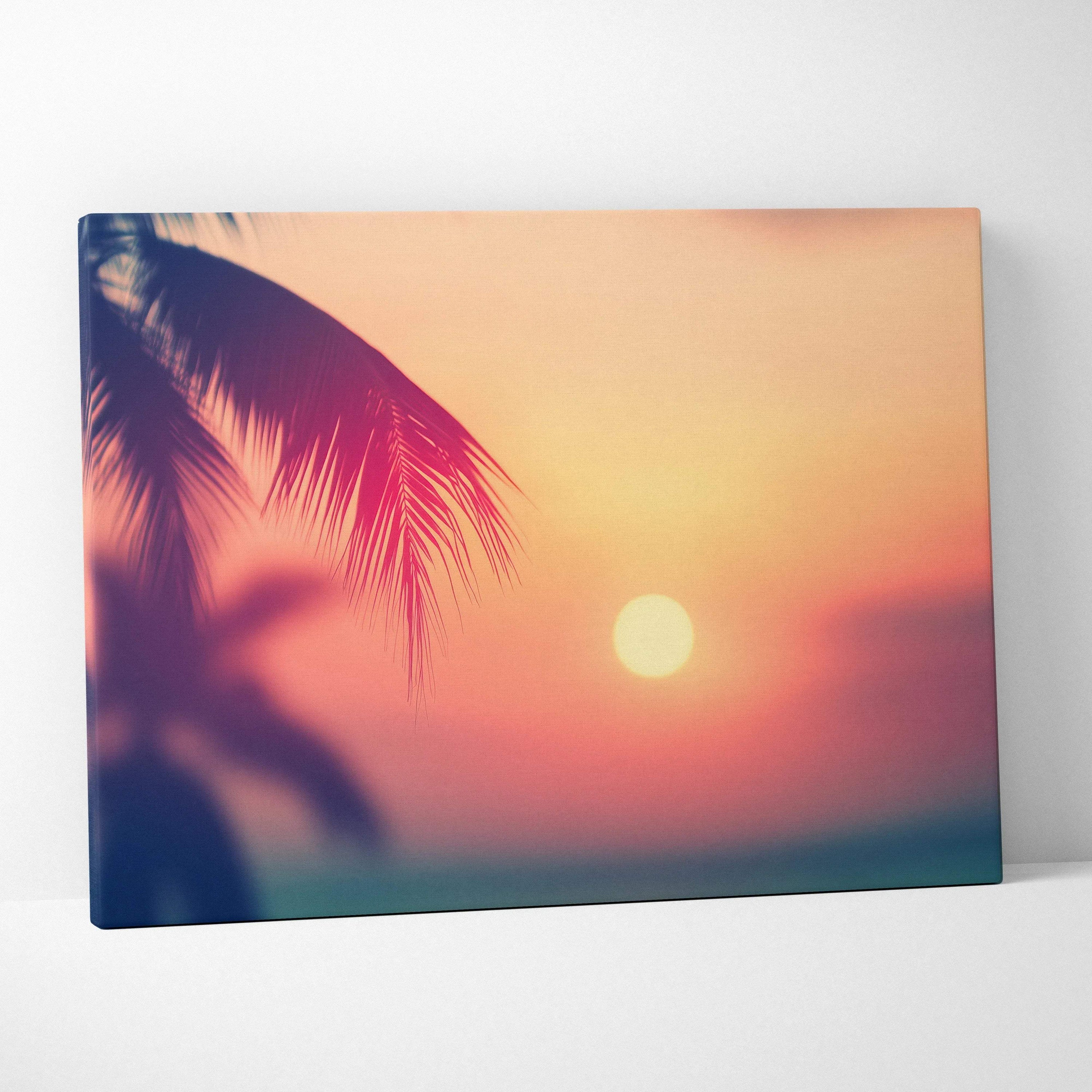 Sunset beach digital art canvas wall art with palm tree silhouette and warm orange sky.