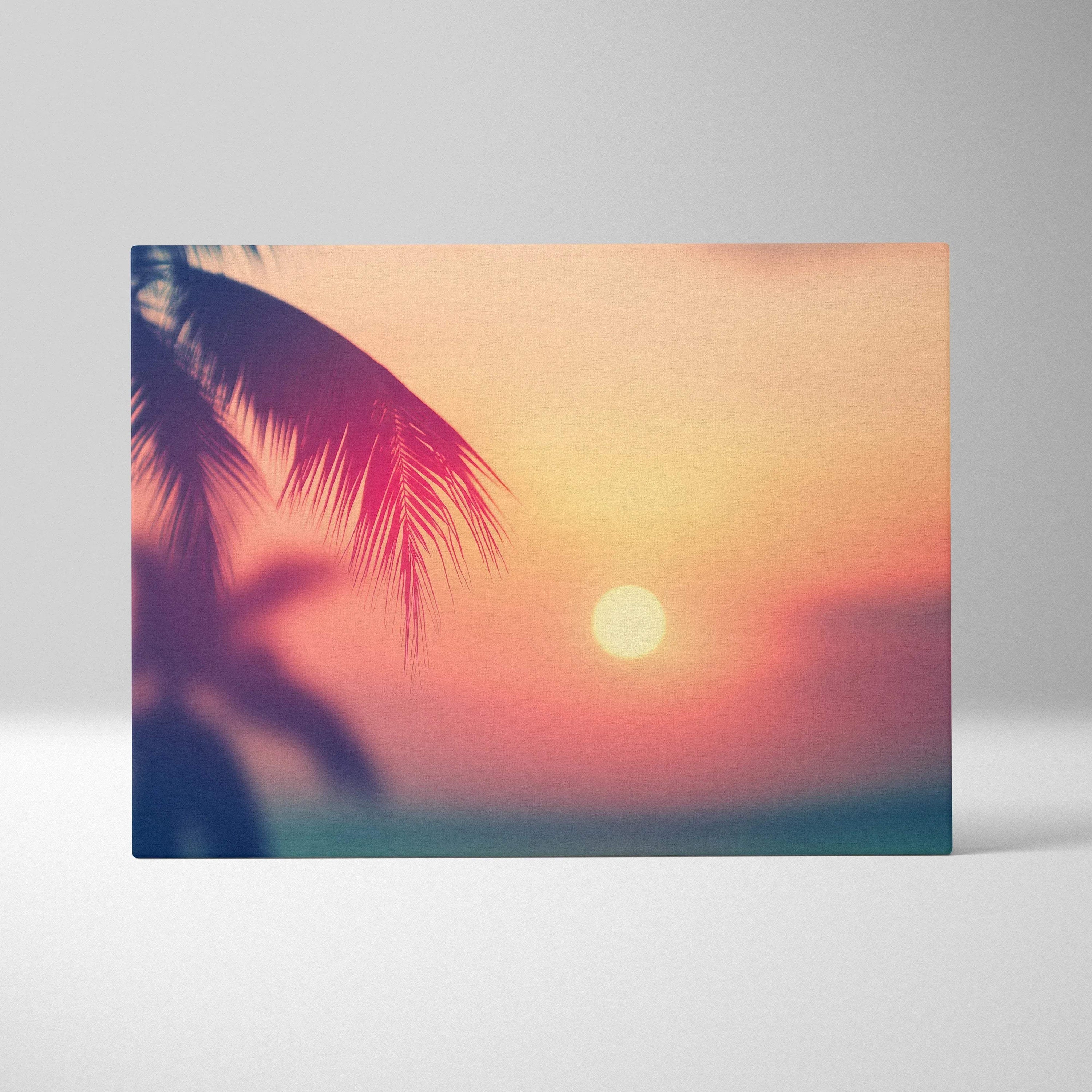 Sunset beach digital art canvas with palm silhouettes and warm orange tones wall art.