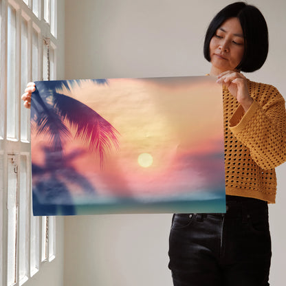 Serene beach sunset digital art poster with palm silhouettes and vibrant sky wall art.