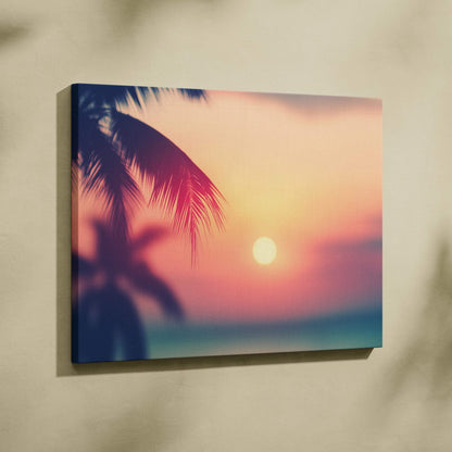 Canvas wall art featuring a vibrant sunset over a beach with silhouetted palm leaves in warm tones.