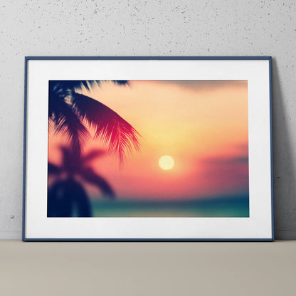 Sunset beach scene digital art poster with palm silhouettes and warm tones wall art.