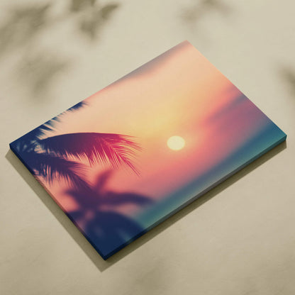 Sunset beach digital art canvas with vibrant orange and purple sky and palm tree silhouettes.