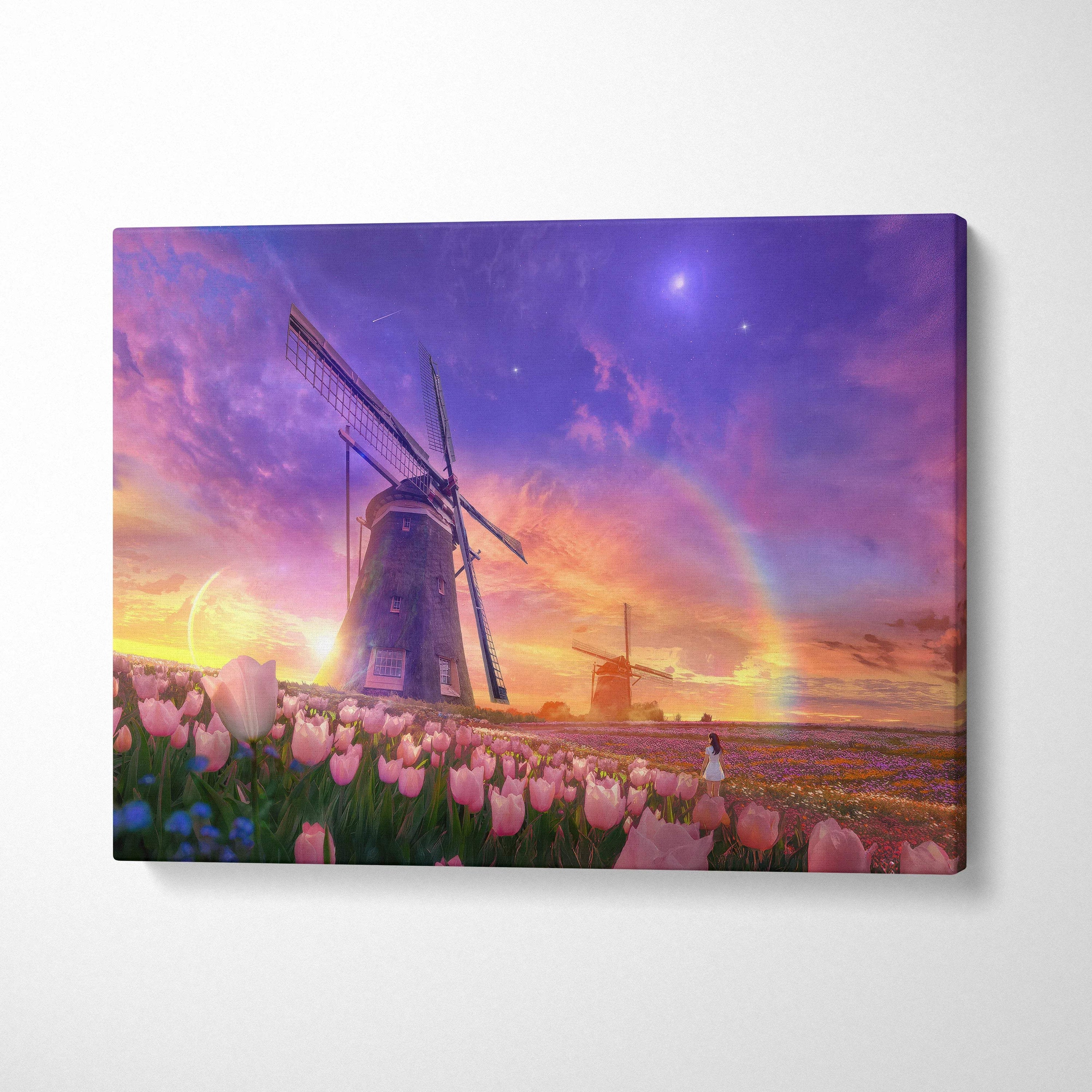 Dreamlike cinematic windmills over tulip fields at sunset with rainbow canvas art