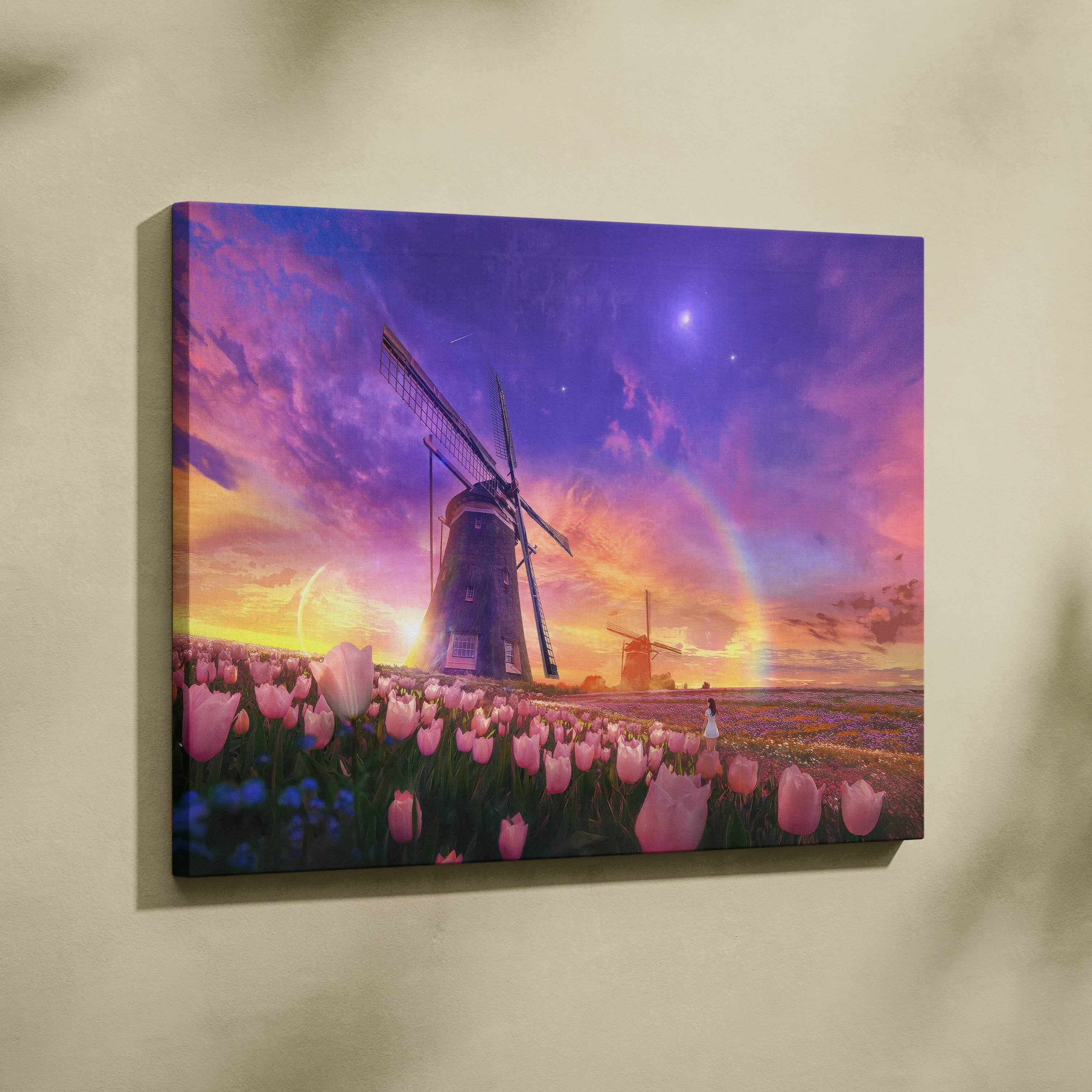 Dreamlike windmill over pink tulip fields at sunset with rainbow canvas art