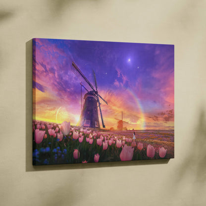 Dreamlike windmill over pink tulip fields at sunset with rainbow canvas art