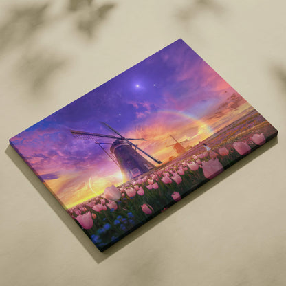 Dreamlike windmills over tulip fields at sunset rainbow canvas art