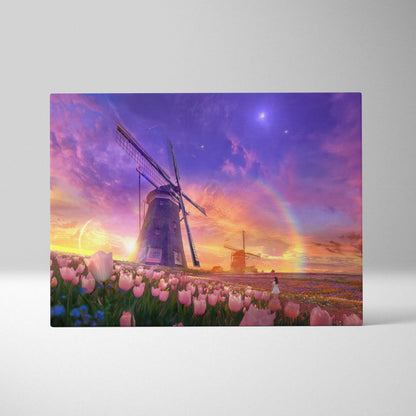 Dreamlike cinematic windmills over tulip fields at sunset canvas wall art