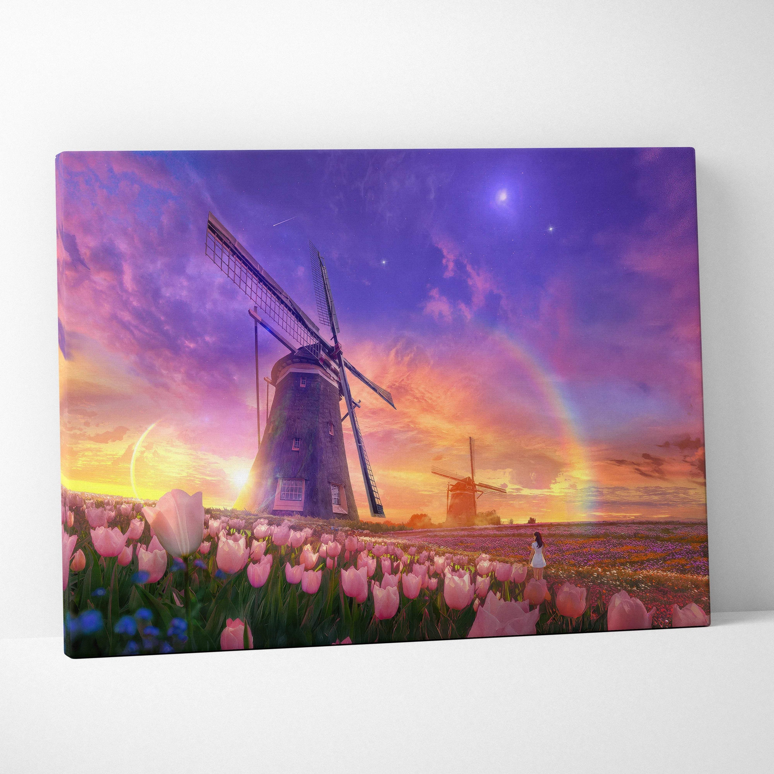 Dreamlike windmill over pink tulip fields at sunset with rainbow canvas art