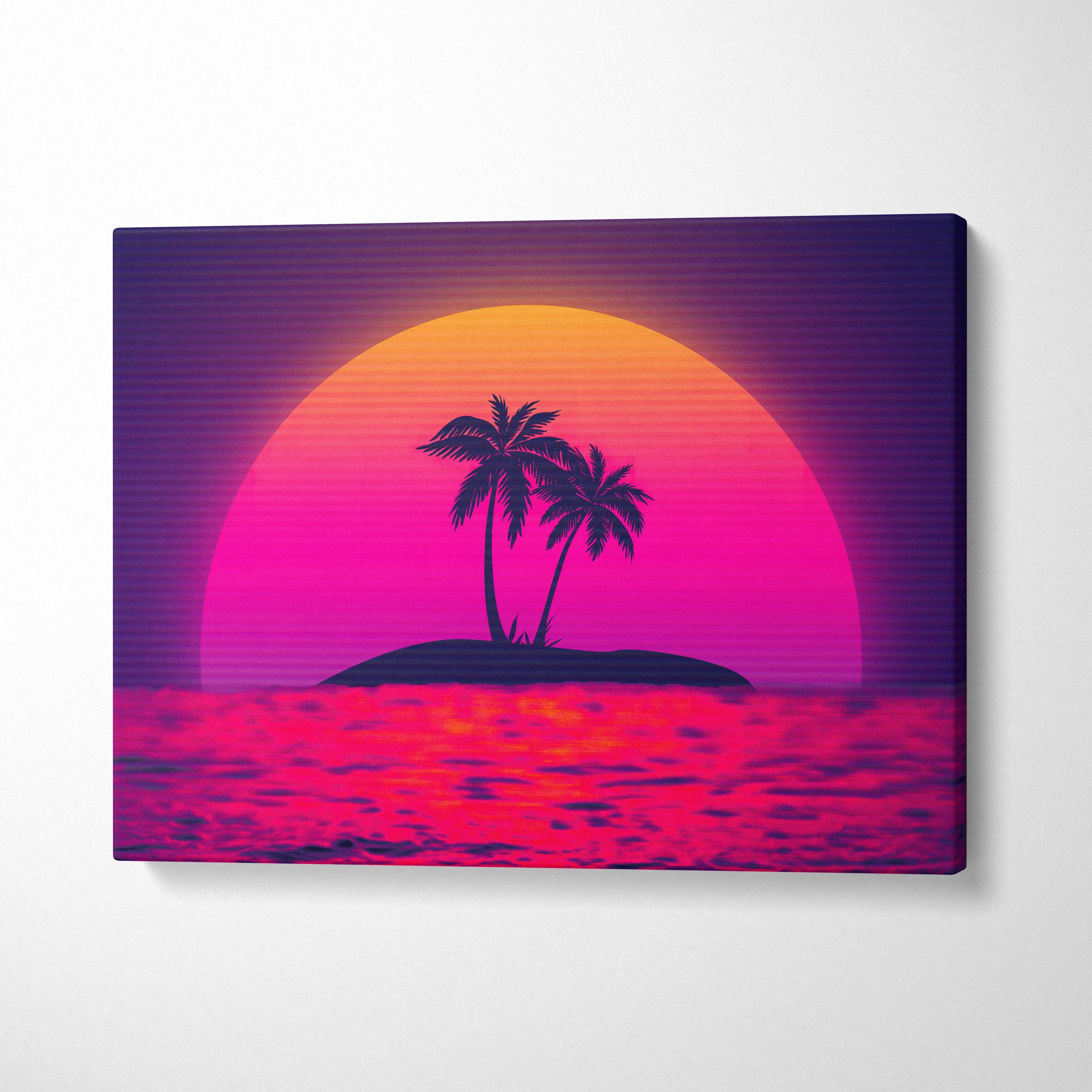 Vaporwave island sunset canvas art with neon pink orange palm silhouettes