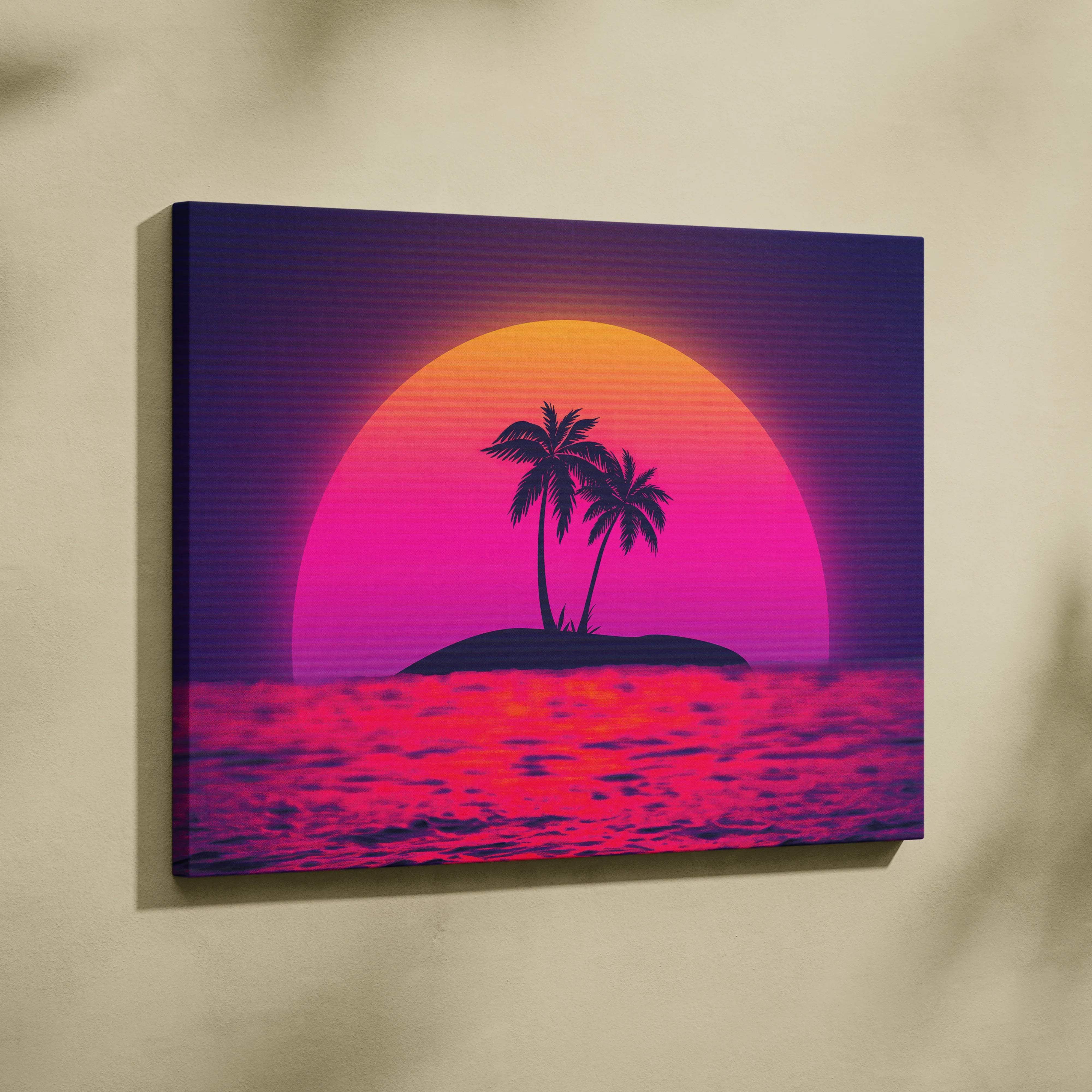 Vaporwave island sunset canvas wall art with neon ocean and palm silhouettes