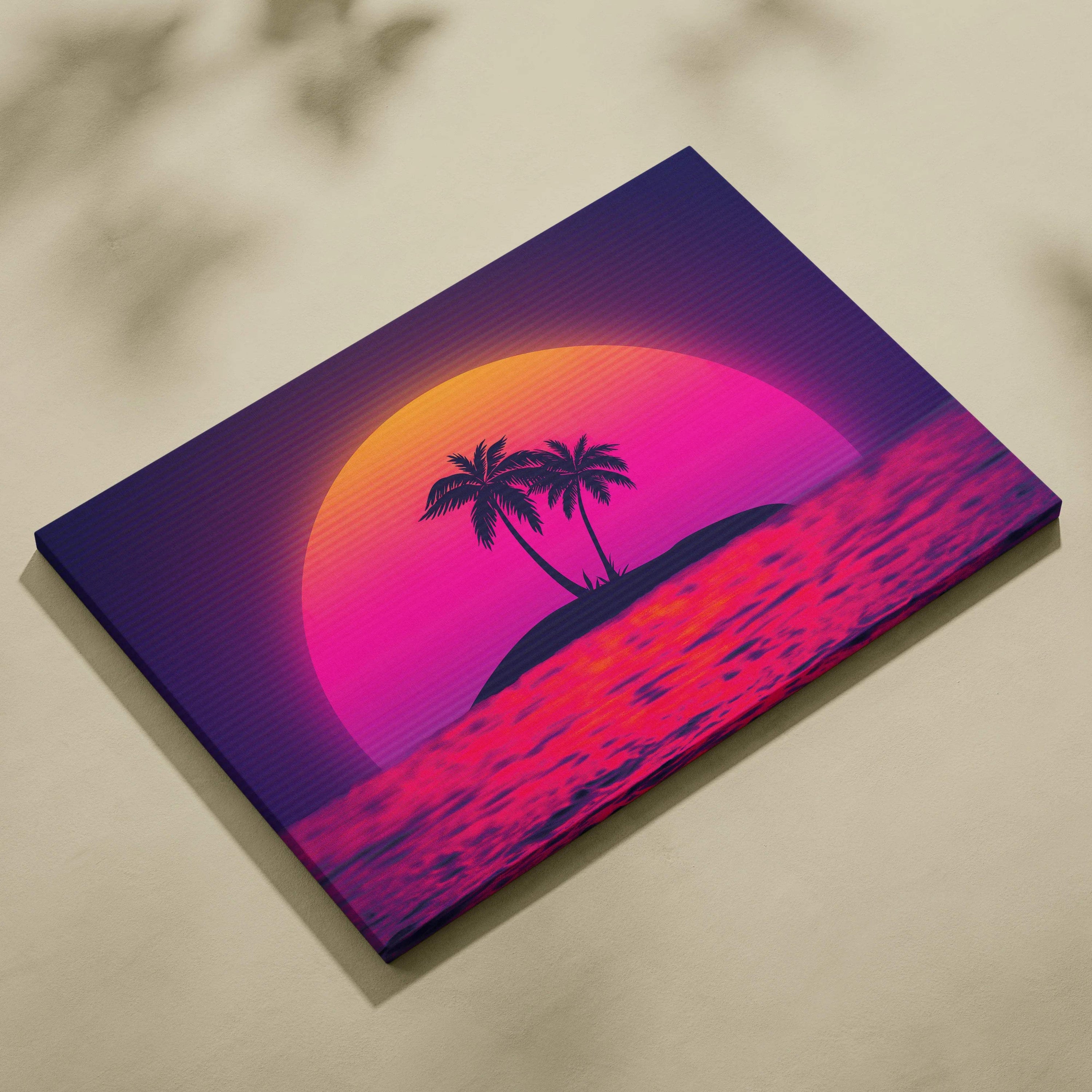 Vaporwave island sunset canvas wall art with neon pink purple palm silhouettes