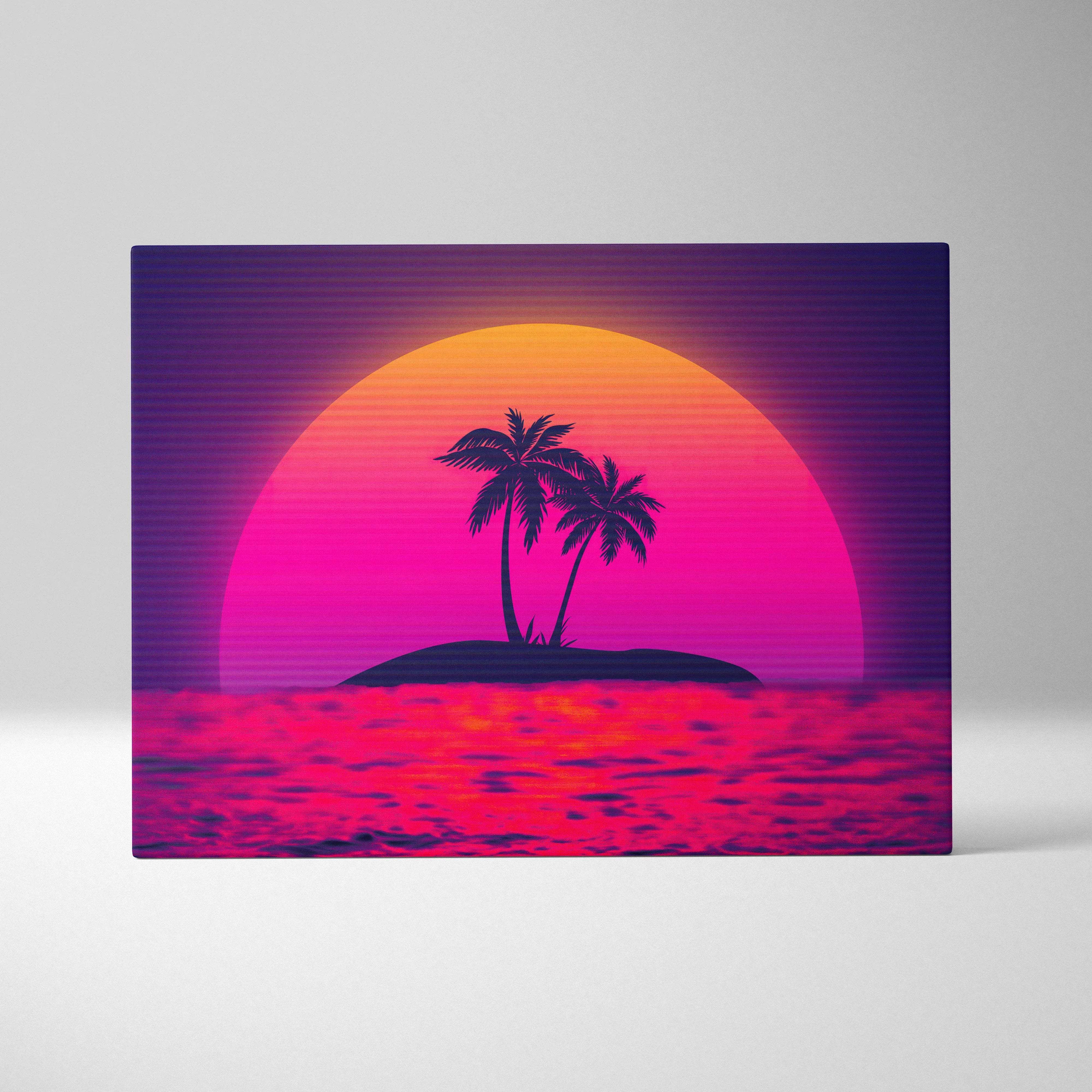 Vaporwave island sunset canvas with palm silhouettes over neon ocean
