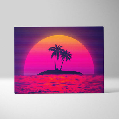 Vaporwave island sunset canvas with palm silhouettes over neon ocean