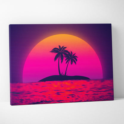 Vaporwave island sunset canvas wall art with neon palm silhouettes