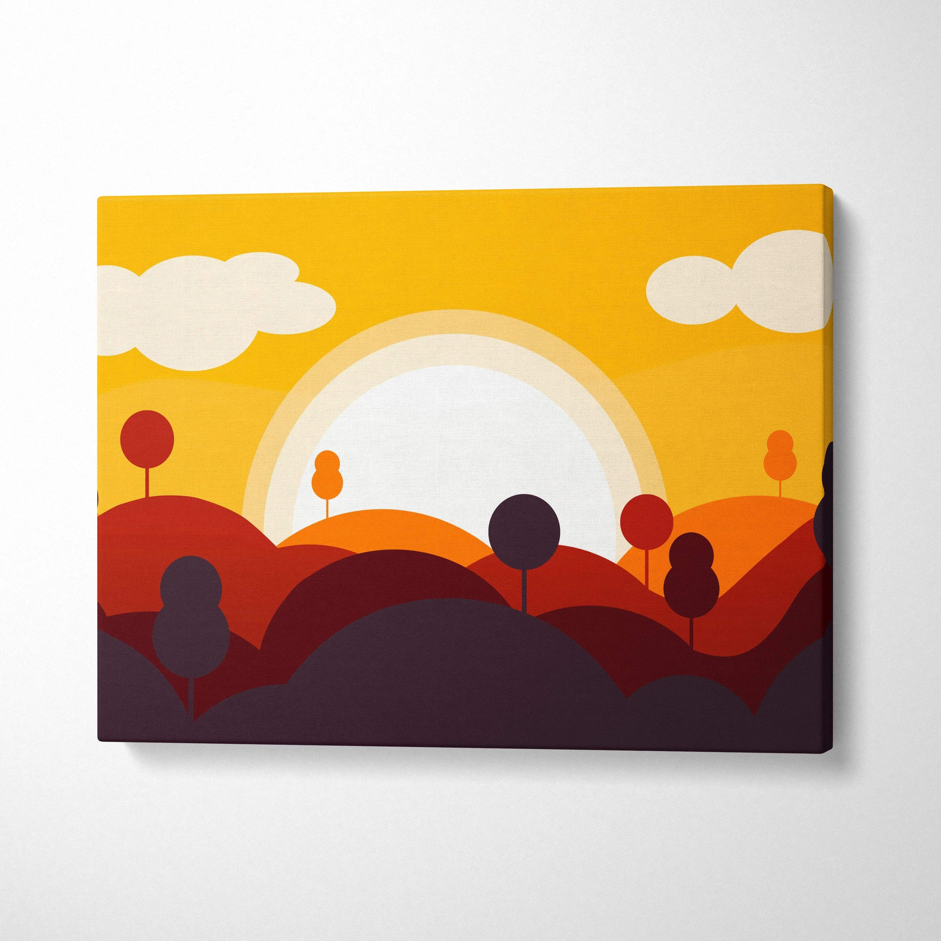 Minimalist abstract landscape canvas art with warm sunrise hills and trees in golden yellow orange burgundy